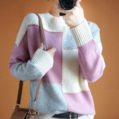 2021 Women Spring Autumn New Patchwork Pullover Sweater Tops Female Loose Long Sleeve Knitted Tops Ladies O-neck Jumpers P324