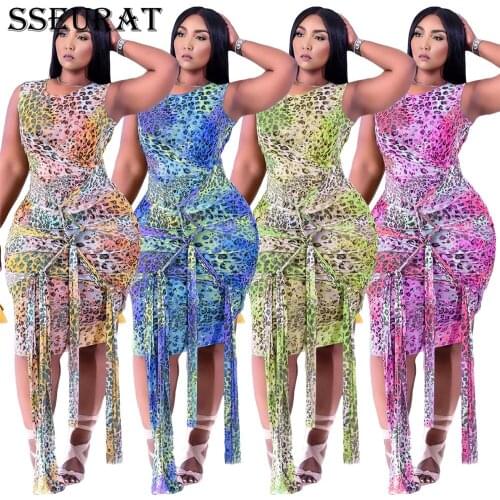 SSEURAT Women Mini Dress Print Sleeveless O-neck Bandage Strechy Pencil Dresses Sexy Fashion Summer Outfit Vestidos
