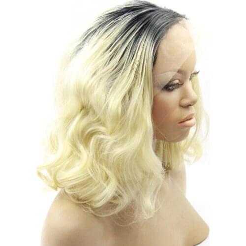 1B/613# Blonde Bob Lace Front Wig 2 Tones Ombre Short Wavy Natural Synthetic Wig for Women Free Part Heat Resistant Fiber Hair