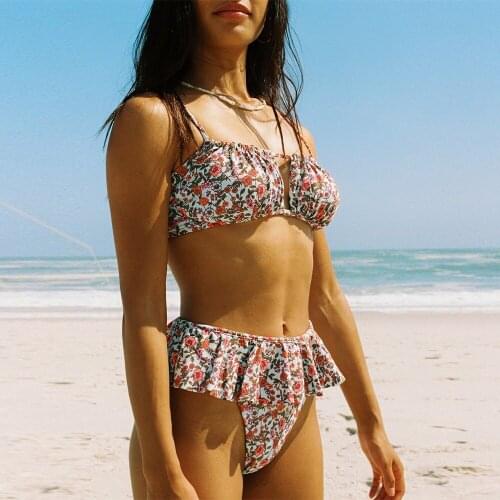 2021 New Sexy Ruffle High Waist Bikini Set Print Floral Swimsuit Swimwear Women Brazilian Summer Beach Wear Bathing Suit biquini