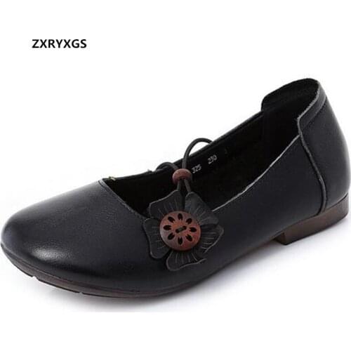 2021 New High Quality Soft Cowhide Classic Retro Shoes Women Flat Shoes Comfortable Soft Sole Large Size Fashion Casual Shoes