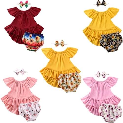 Newborn Baby Girls Summer Sunflower Clothes Set Cotton Kids Sleeveless Tops Blouse+Shorts+Headband Suits 0-24M