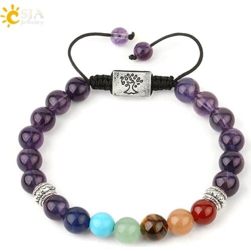 CSJA Yoga 7 Chakra Natural Stones Charm Bracelets Carved Tree of Life Multicolor Resizable Rope Braided Bracelet for Women G204