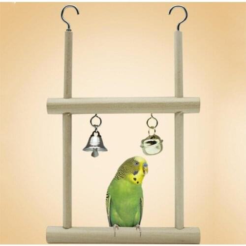 Wood Pet Bird Parrot Parakeet Cockatiel Hanging Bell Stand Cage Swing Chew Toy Log Yellow Square Stand With Dream Bell With Hook