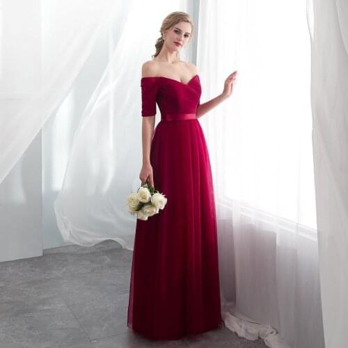 Robe de soiree Burgundy Evening Dresses long 2020 graduation dress Off the Shoulder Half Sleeve prom gown Vestido da noiva