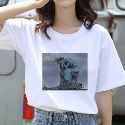The statue of liberty in dark Print T shirt Women Fashion Tshirt O neck Short Sleeve Harajuku T shirt White Tops Female Tops