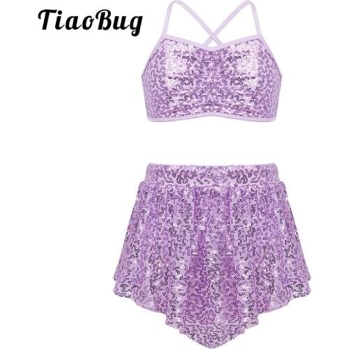 TiaoBug Kids Girls Sequins Spaghetti Straps Stage Lyrical Dance Costumes Children Skating Ballet Gymnastics Crop Top Skirt Set