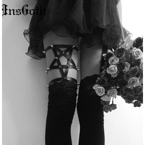 InsGoth Leather Garters Leg Ring Female Sexy Pentagram Bandage Revits Garters Gothic Punk Streetwear Party Leg Ring Stretch