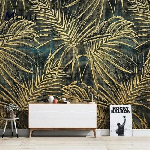 Milofi customized 3d vinyl wallpaper wall covering simple golden relief tropical plant leaf carving background wall painting