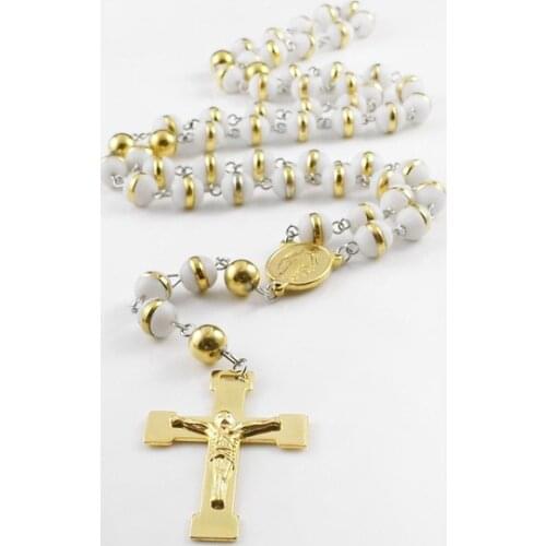 Fashion Men Cross Necklace Gold Stainless Steel Maria Cross Link Rosary 8mm Black White Beads Color Pendant Necklace Jewelry