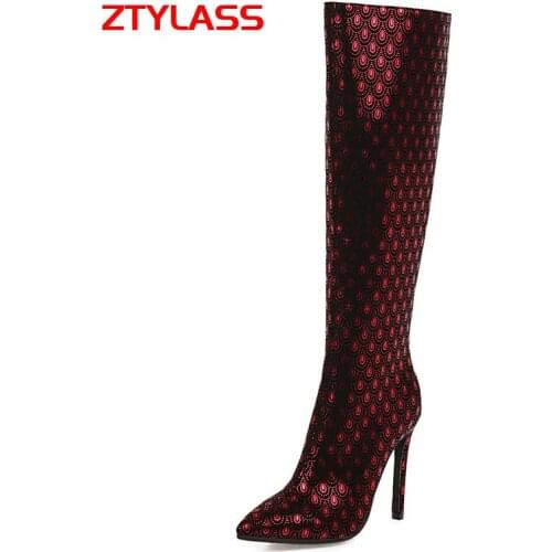 Fashion Peacock Feather Pu Leather Autumn Women Boots Knee High Boots Super High Heel Long Boots Zipper Winter Boots Shoes 2021