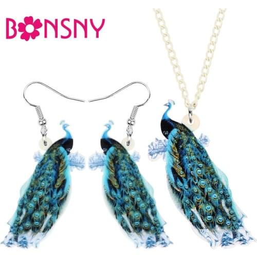 Bonsny Acrylic Sweet Animal Peacock Bird Peafowl Jewelry Sets Necklace Earrings For Women Girl Kid Trendy Gifts Accessory Charms