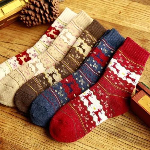 Christmas Snowflake Deer Print Socks Women Thick Cotton Wool New Year Warm Tube Socks Female Hosiery