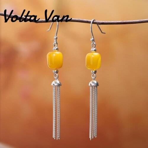 Volta Van 2021 New Drop Earrings 925 Sterling Silver Pendientes Plata 2021 New Fine Jewelry Vintage Elegant Amber Earrings