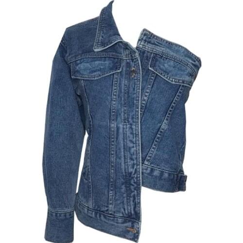 New Lapel Long Sleeve Blue Denim Cool Irregular Jacket Women Coat