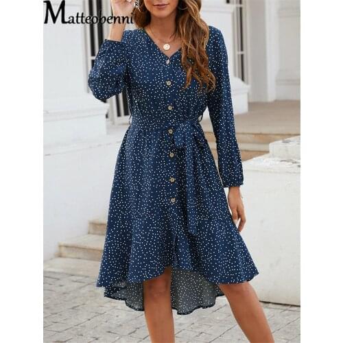 Autumn Boho Ruffle Polka Dot Print Dress Women Casual Long Sleeve A Line Dress Sashes One-Breasted Female Elegant Party Vestidos