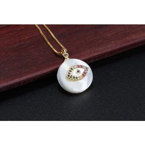 Rainbow cz glass paved blue evil eye charm white round shell pendant & choker necklace for women
