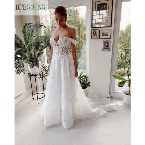 Ivory Lace Off The Shoulder Sweetheart A-Line Wedding Dresses Chapel Train Floor-Length Sleeveless Bridal Gowns Custom Made
