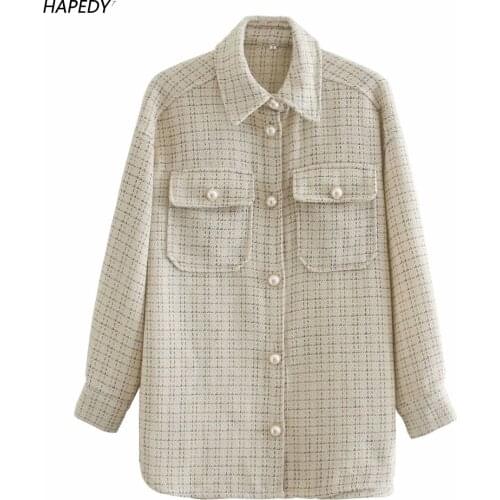 Elegant Pearl Tweed Plaid Shirt Women 2021 Autumn Winter Casual Loose Oversized Long Shirt High Street Fashion Womens Blouse