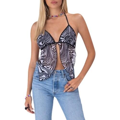 Women Summer Tank Tops, Irregular Print Tied Straps Halter V-Neck Backless Slit Vest for Girls, Red/Black