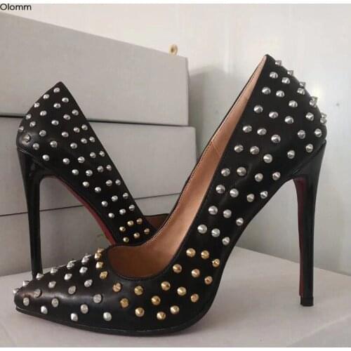 Olomm Customize Women Pumps Sexy Rivets Thin High Heels Pumps Pointed Toe Elegant Black Night Club Shoes Women Plus US Size 5-15