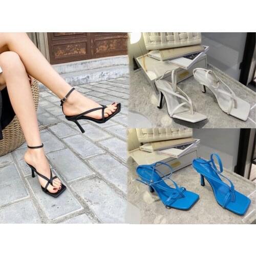 Womens shoes 2021 summer new style black square toe high heels all-match fashion sandals female stiletto flip-flops white