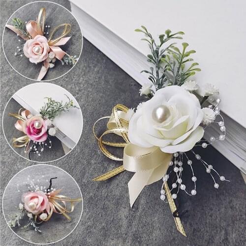 Girls Floral Wrist Corsage Bracelets Ribbon Rose Bridesmaid Groom Hand Flowers Wedding Boutonnieres Marriage Prom Wedding Party