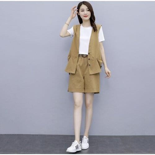New Arrival Summer Fashion Suits For Women 2021 White T-shirt+Blazer Waistcoat+Short Pants Big Size Casual Three Piece Set aq579