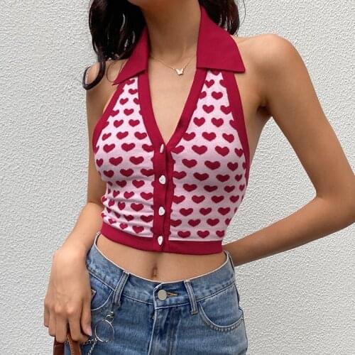 Heartx Print Backless Halter Bra Lapel Top Deep V Neck Sexy Sleeveless Crop Tops 2021 Summer Button Up Tank Tees Suntop dropship