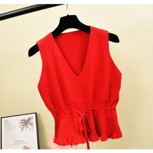 2021 Autumn Winter Knitted Vest Coat Waist Closing Trend Waistcoat Women Wear Loose Korean V-neck Pullover Girl Student Red