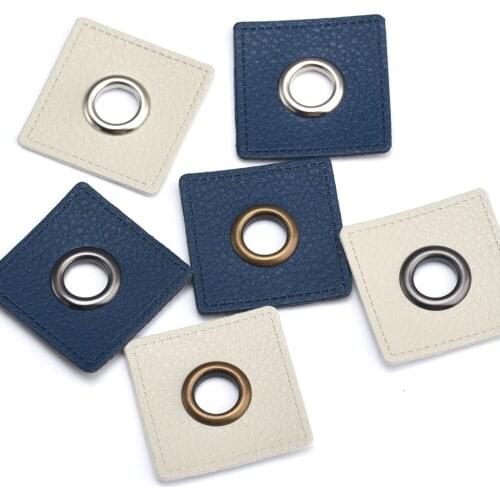 30pcs/lot 37mm square NAVY/BEIGE PU leather sew on Badges patch labels + inner 10mm metal brass eyelets grommets free ship
