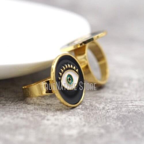 5Pcs RM28450 Adjustable Evil Eye Jewelry Black Gold Ring Copper Jewelry Enamel Round Shape Evil Eye Black Gold Plated Ring
