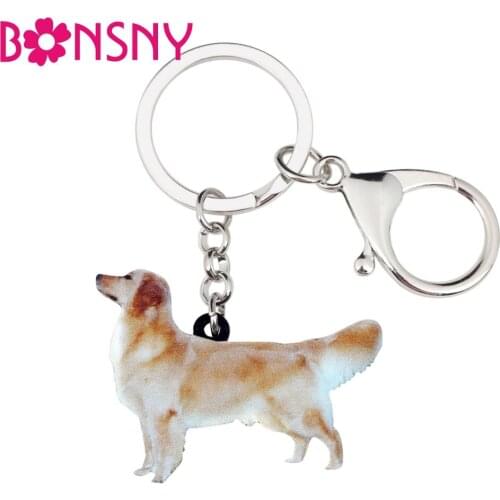 Bonsny Acrylic Standing Golden Retriever Dog Key Chains Keychain Rings Novelty Gift For Women Girl Handbag Charms Animal Jewelry