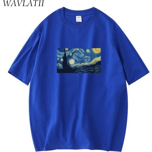 WAVLATII Women New Fashion Print T shirts Female Summer Casual Tees Lady Streetwear White Black Blue Short Sleeve Tops WT2110