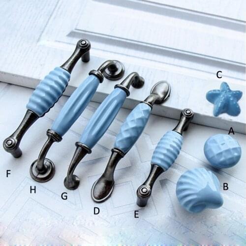 Blue Ceramic Kitchen Cabinet Door Knob Mediterranean Style Starfish Handles Wardrobe Cupboard Pulls Drawer Knobs For Furniture