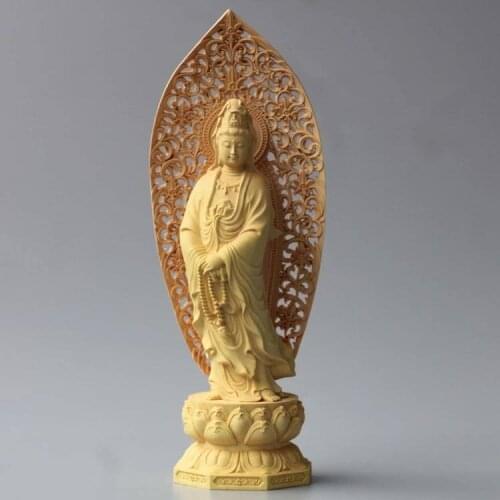 GOOD Avalokitesvara Asia HOME Spiritual protection Bless family # Handmade Yellow pear wood carving Lotus Guanyin Buddha statue