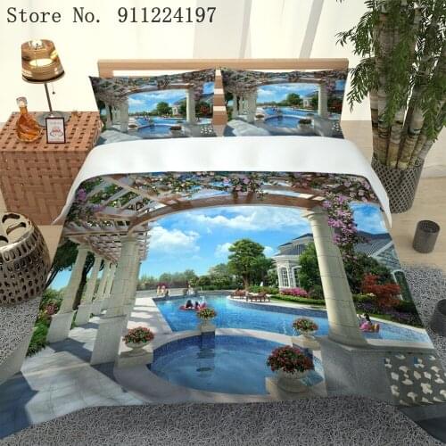 3D Luxury Villa Printing Bedding Set Swimming Pool Duvet Cover King Comforter Set High Quality Bed Linen Queen For Kids Adults