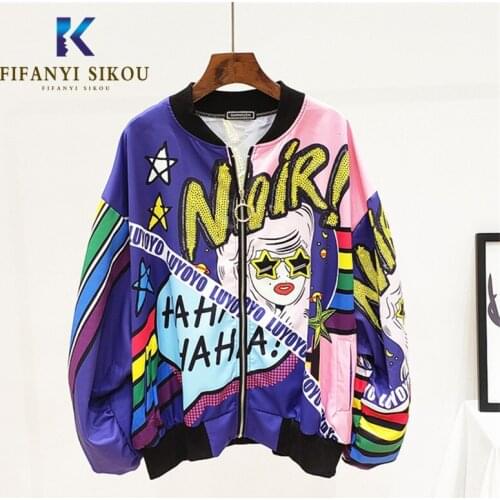 Streetwear Women Bomber Jacket Long sleeve Coat Fashion Sequin Print Jackets Pocket Zipper Hip hop Jacket Female Loose Outwear