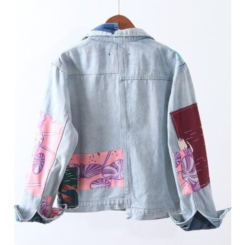 Applique Print Turn-Down Collar Loose Denim Short Jacket Womens Clothing 2021 Spring And Autumn New Cartoon Casual Coats