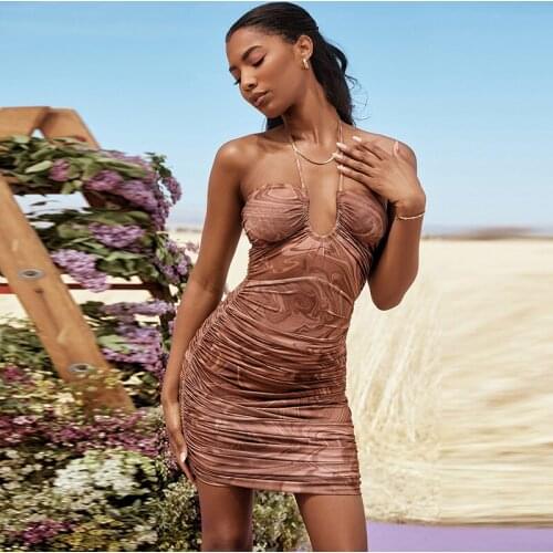Fashion Print Ruched Halter Bodycon Dress Women Y2k Sexy Party Strapless Mini Dresses Summer Beach Vacation Clothes