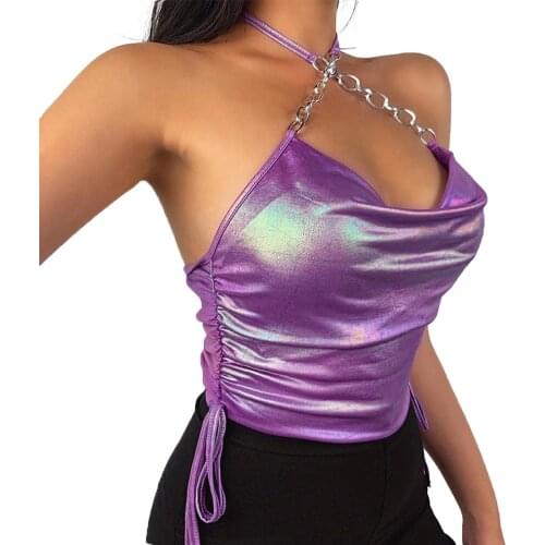 Fashion Womens Neck-Hanging Top Wrapped Slimming Sleeveless Pleated Drawstrings Hollow Twist Chain Clubwear Party Camis Tops