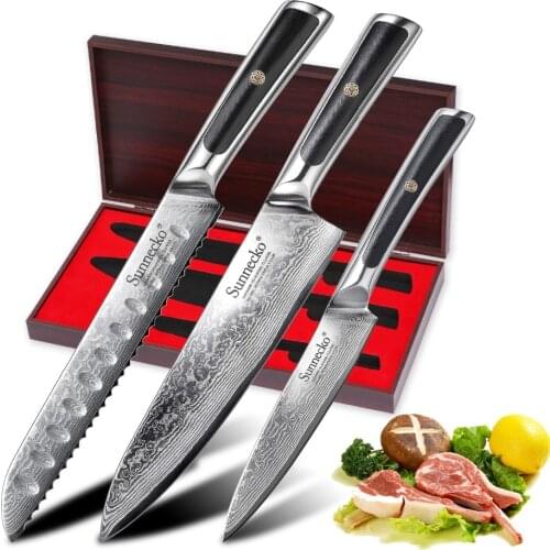 SUNNECKO 3PCS Kitchen Knives Set Chef Knife Gift Box Knife Japanese Damascus VG10 Steel Sharp G10 Handle Meat Bread Cutter Tools