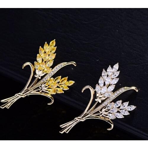OKILY Elegant Cubic Zirconia Wheat Brooch Copper Pin Brooches for Women Fashion Design Luxury Dress Corsage Accessories Gift