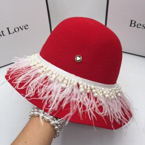Bucket hats spring autumn period and the new red wool bucket hat for women The pearl of the small sweet atmosphere quality