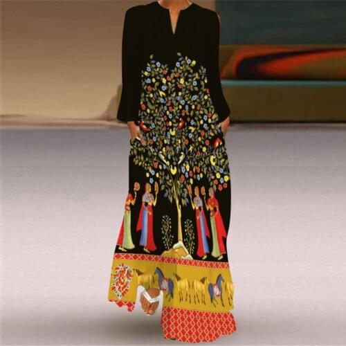 Dress Women Dresses Bohemian Long Dress Autumn Vintage Print V Neck Women Long Sleeve Large Hem Insert Pockets Maxi Dress 4XL
