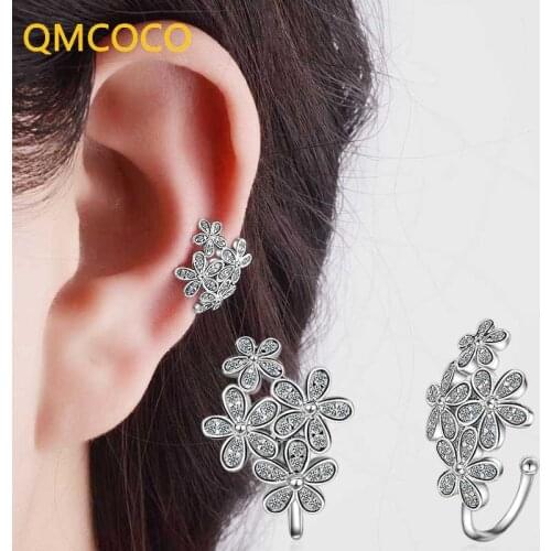 QMCOCO Korean Exquisite Flower Ear Clip Without Ear Hole Unique Trendy Temperament Light Luxury 925 Silver Earrings For Woman