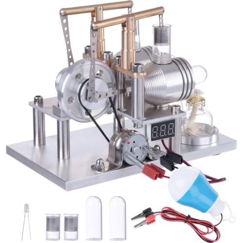 Balanced Two-cylinder Hot Air Stirling Engine Generator Model Science Experiment Educational Toy with Voltage Meter LED Bulb