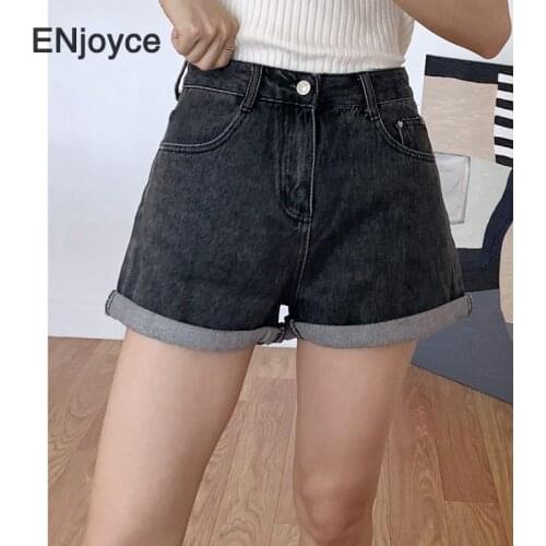 Vintage Black Denim Shorts Women Classic Blue High Waist Crimping Short Jeans Ladies Casual Wide Leg All-Match Summer 2021
