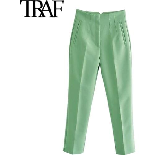TRAF Women Fashion Side Pockets Seam Detail Office Wear Pants Vintage High Waist Zipper Fly Female Ankle Trousers Mujer
