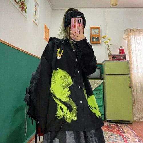 Street hip hop graffiti print loose large boyfriend BF Long Sleeve Shirts Mens and womens fashion spring